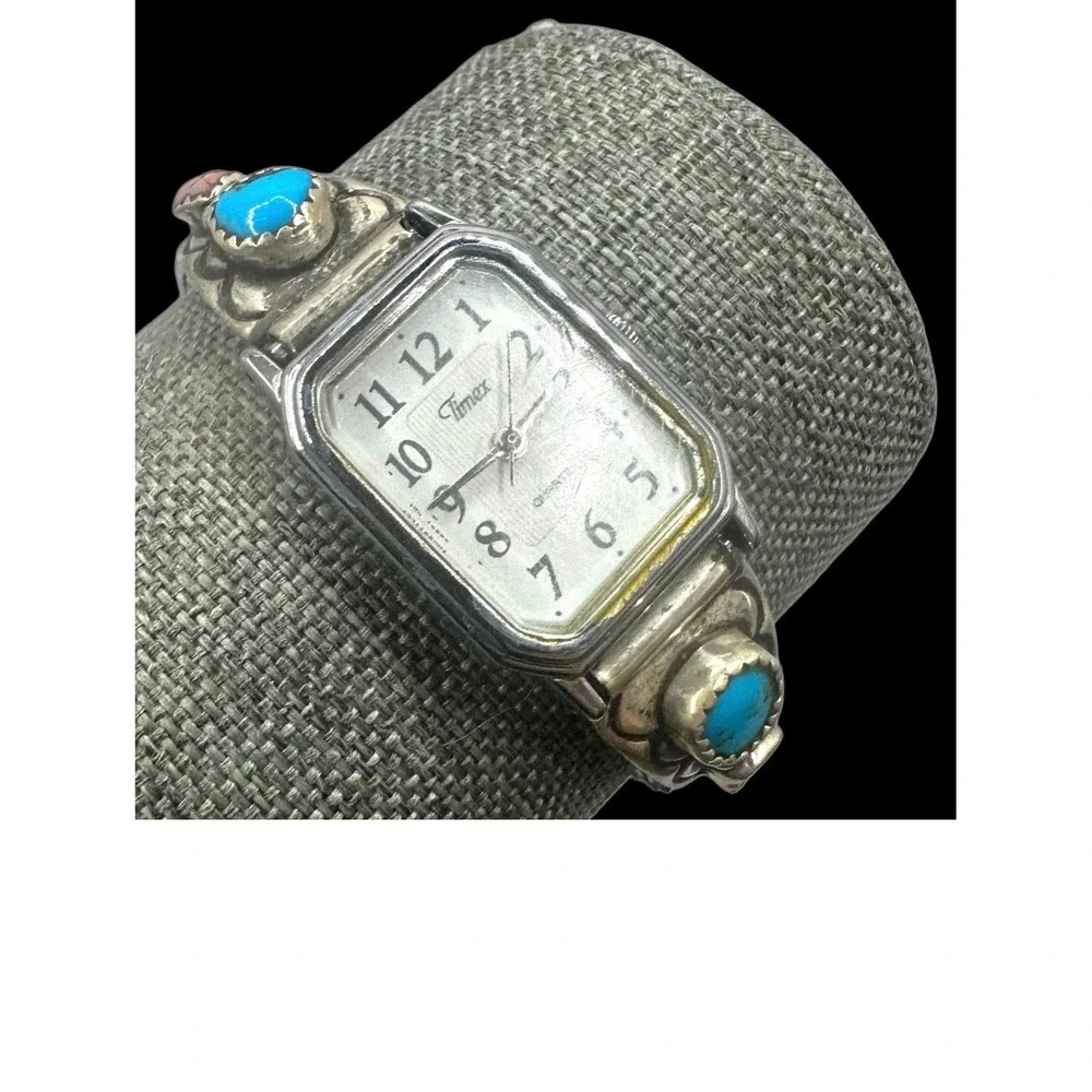 Sterling Silver Turquoise Coral Timex Watch 7in Stretch Band‎ Southwestern